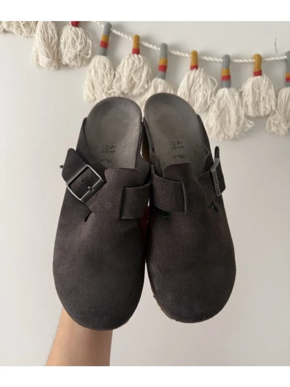 Birkenstock Papillio Fanny Suede Leather Wedge Charcoal Black Buckle Slip On 41